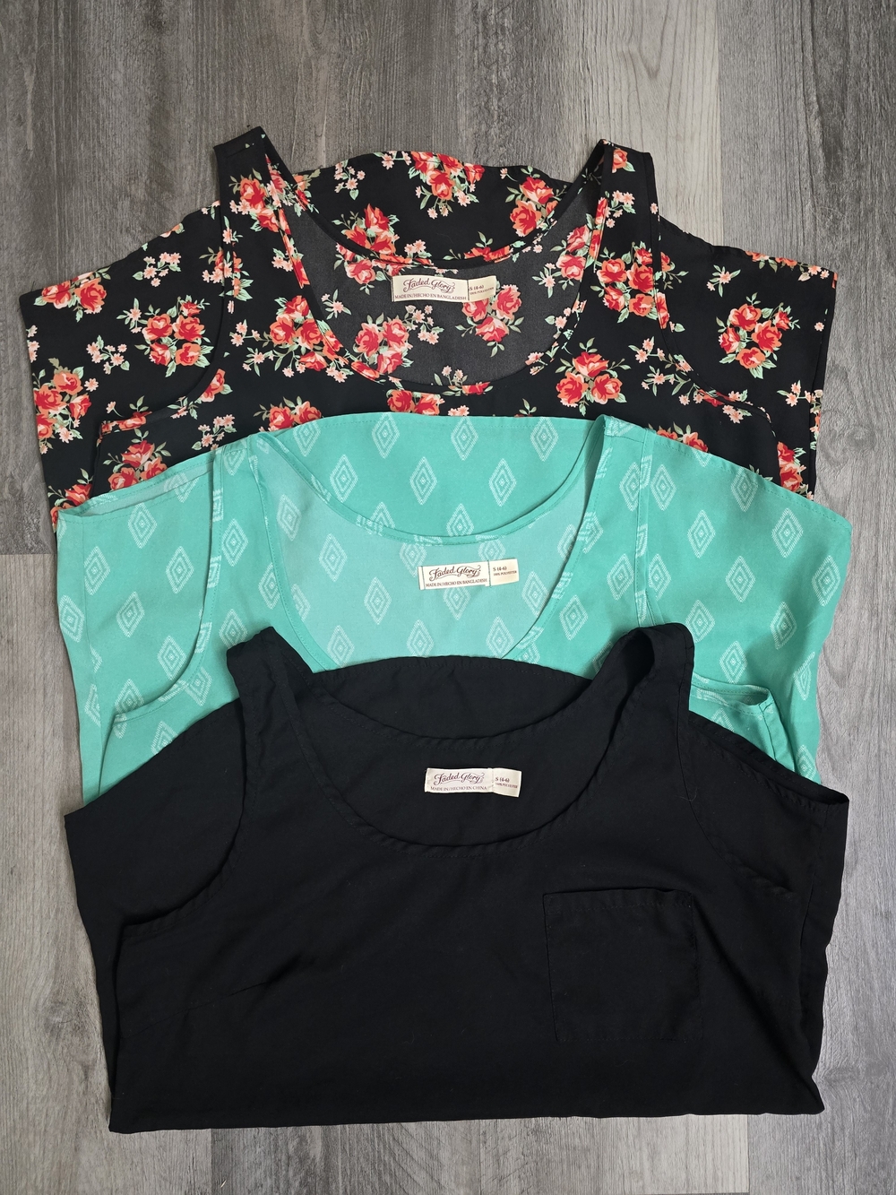 Faded Glory Women’s Tank Top Bundle - Black, Teal, Floral (Small)